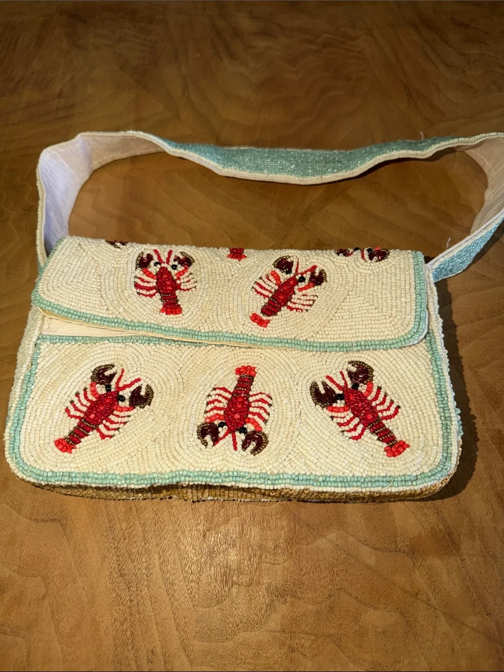 Beaded Lobster Motif Shoulder Bag in Cream and Red